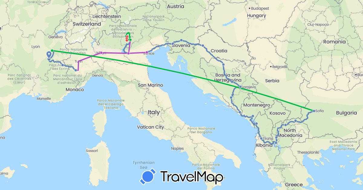 TravelMap itinerary: driving, bus, cycling, train, hiking in Albania, Bosnia and Herzegovina, Bulgaria, France, Croatia, Italy, Montenegro, Macedonia, Slovenia (Europe)