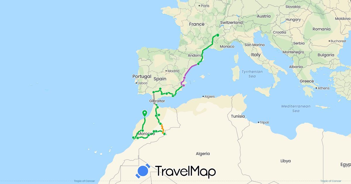 TravelMap itinerary: driving, bus, plane, train, hitchhiking in Spain, France, Morocco (Africa, Europe)