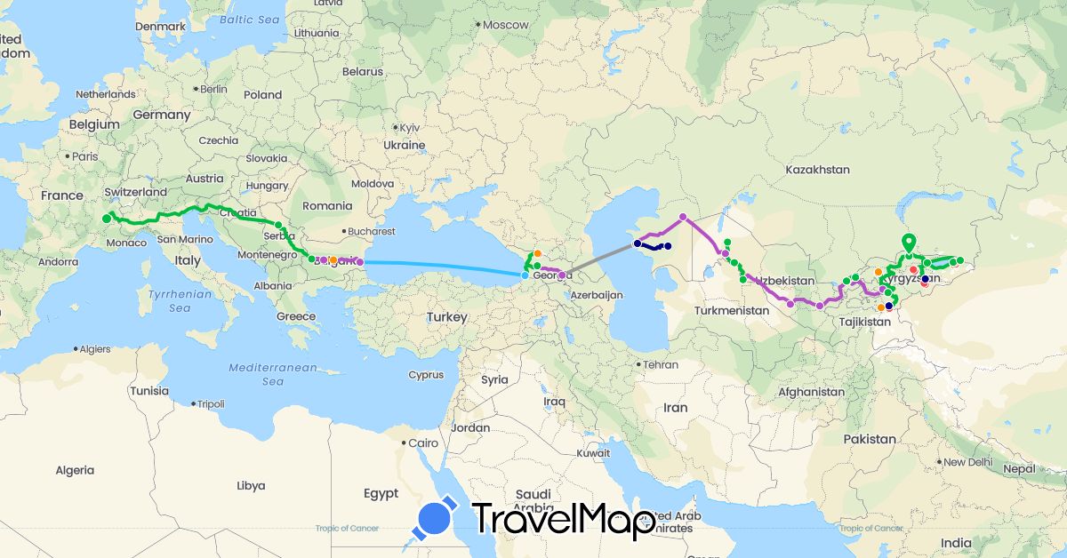 TravelMap itinerary: driving, bus, plane, train, hiking, boat, hitchhiking in Bulgaria, France, Georgia, Kyrgyzstan, Kazakhstan, Serbia, Uzbekistan (Asia, Europe)