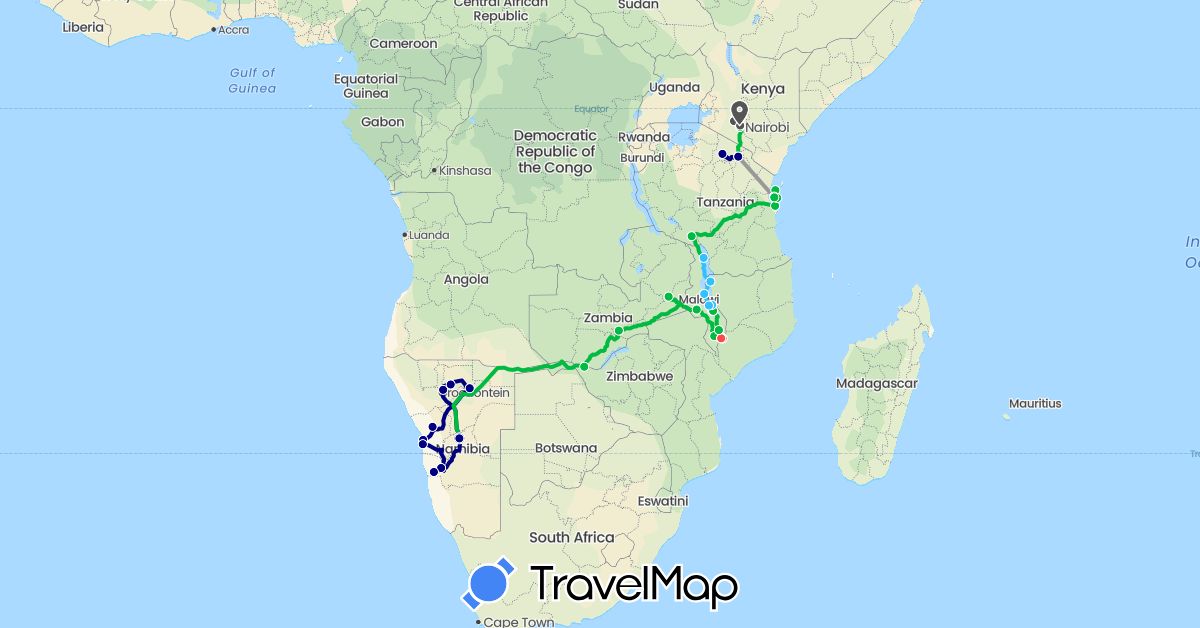 TravelMap itinerary: driving, bus, plane, hiking, boat, motorbike in Kenya, Malawi, Namibia, Tanzania, Zambia (Africa)