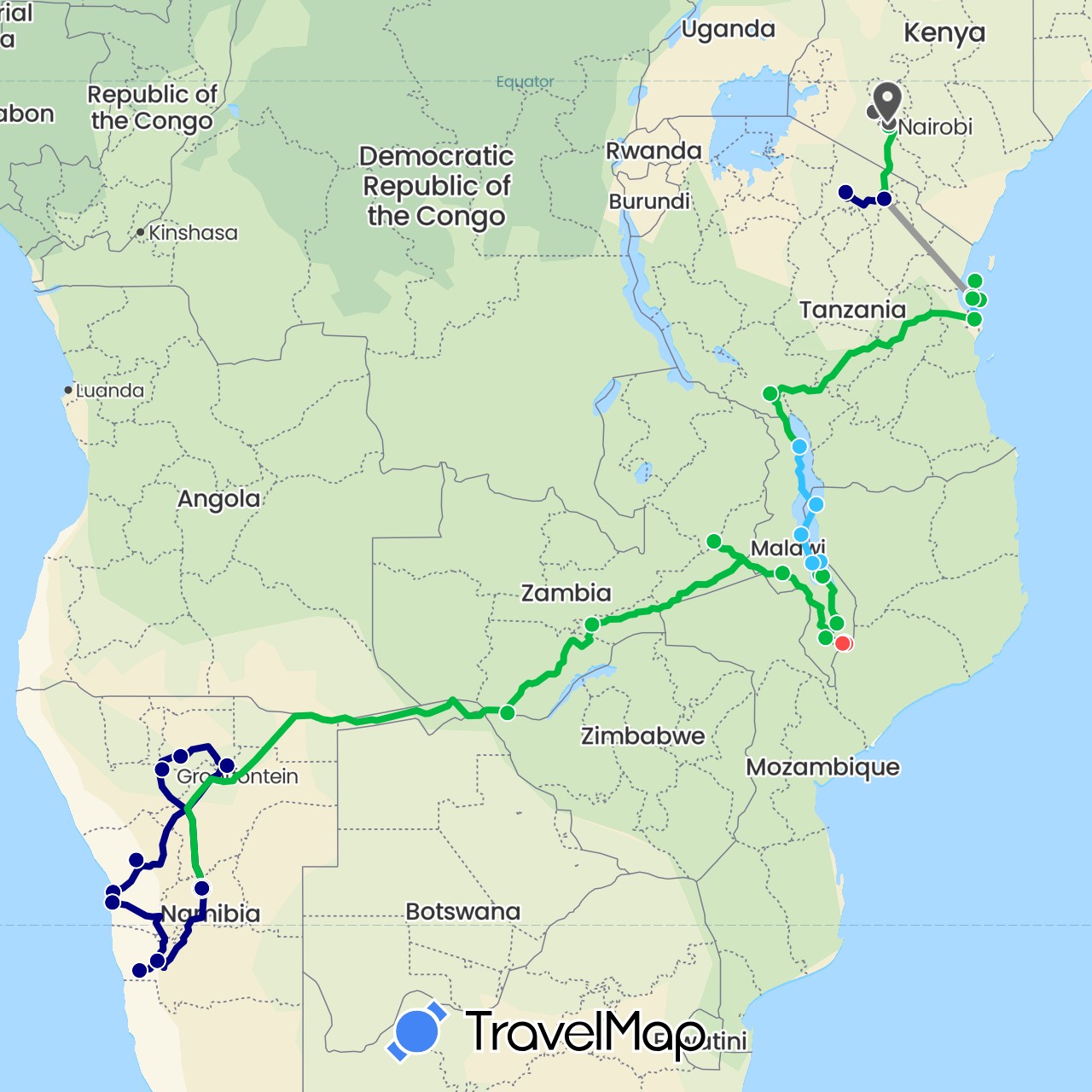 TravelMap itinerary: driving, bus, plane, hiking, boat, motorbike in Kenya, Malawi, Namibia, Tanzania, Zambia (Africa)