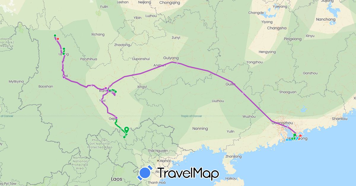 TravelMap itinerary: driving, bus, train, hiking, boat in China, Hong Kong, Macau, Vietnam (Asia)