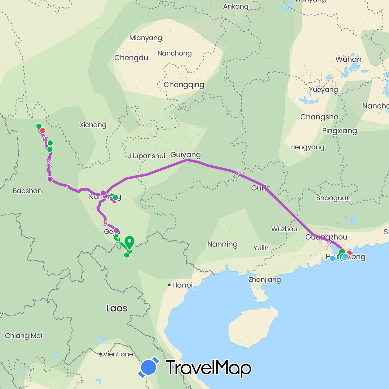 TravelMap itinerary: driving, bus, train, hiking, boat in China, Hong Kong, Macau, Vietnam (Asia)