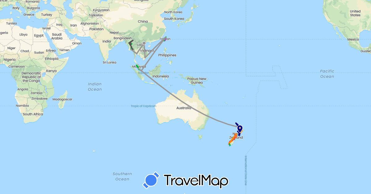 TravelMap itinerary: driving, bus, plane, cycling, train, hiking, boat, hitchhiking, motorbike in Myanmar (Burma), Malaysia, New Zealand, Singapore, Thailand, Taiwan, Vietnam (Asia, Oceania)