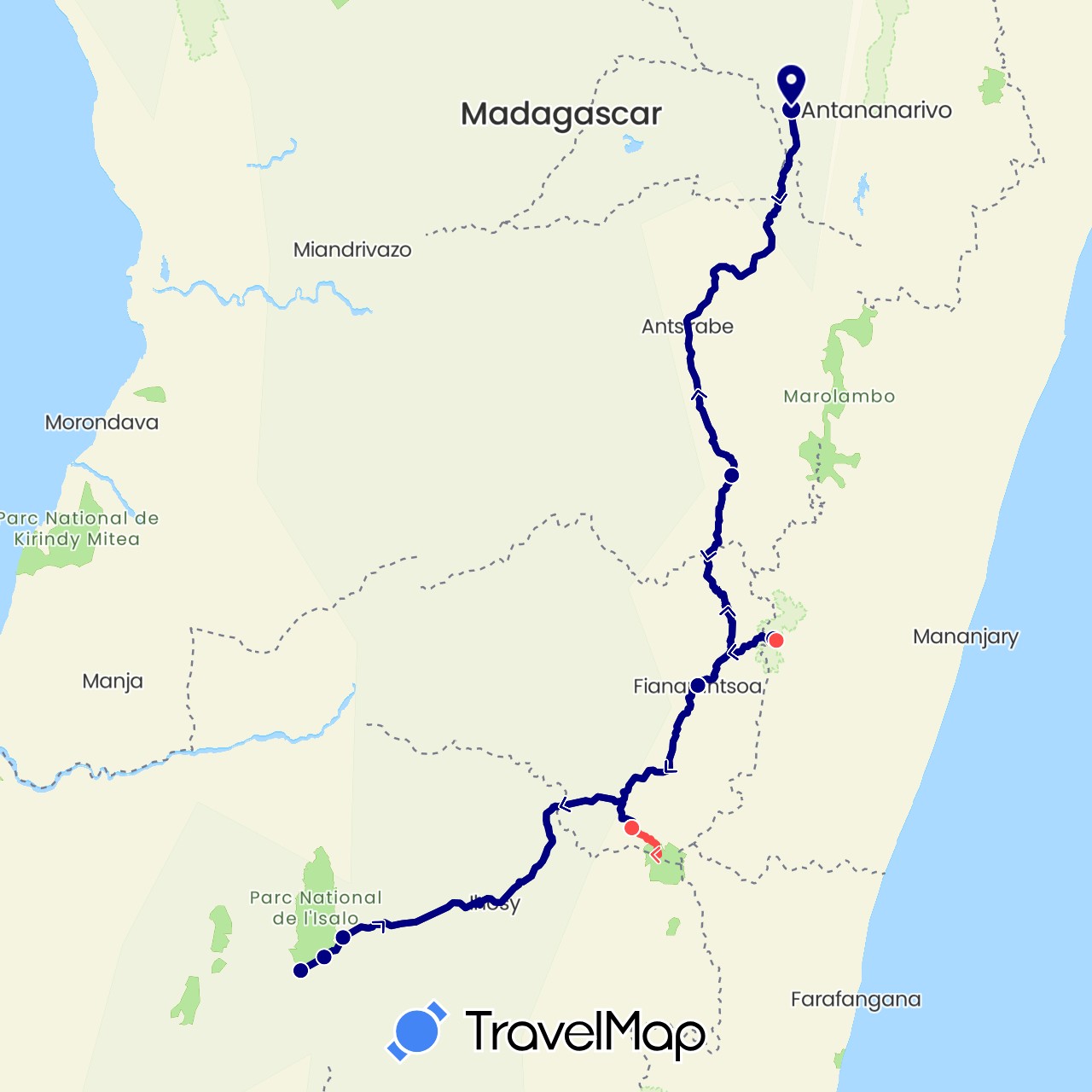 TravelMap itinerary: driving, hiking in Madagascar (Africa)