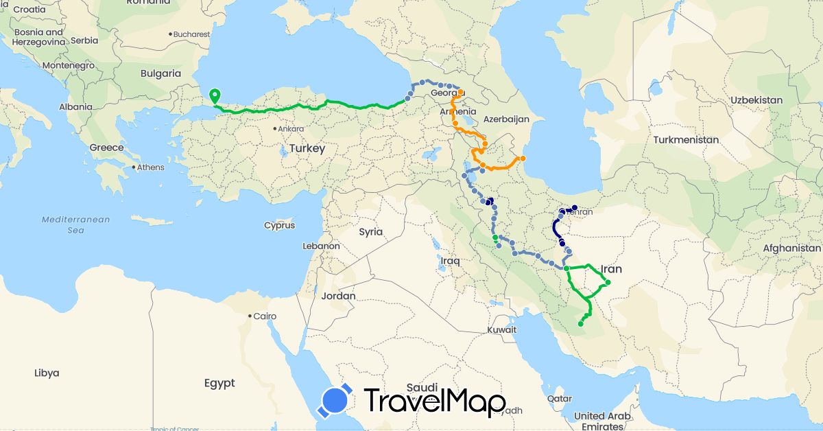TravelMap itinerary: driving, bus, cycling, hitchhiking in Armenia, Georgia, Iran, Turkey (Asia)